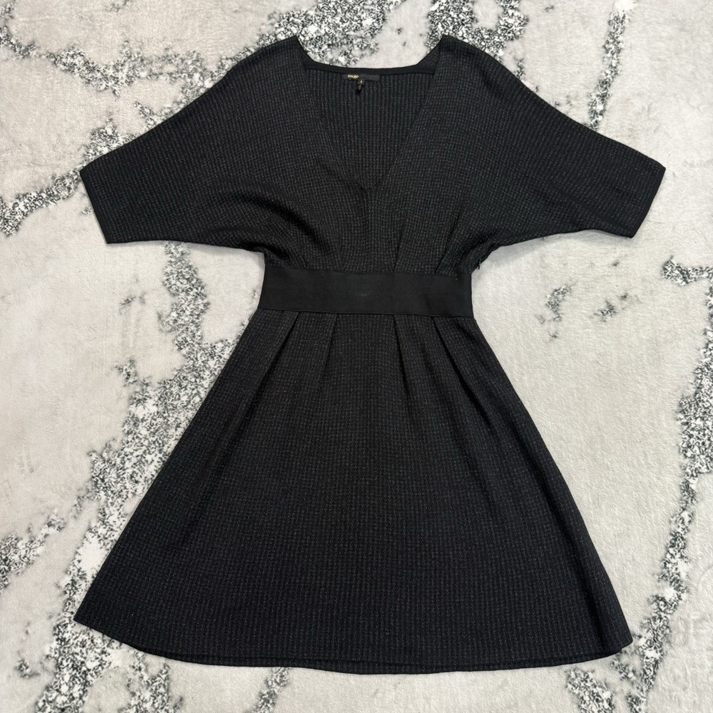 Maje Womens Size 3 L Black Fit Flare Dress V Neck Dolman Sleeve Textured Knit
